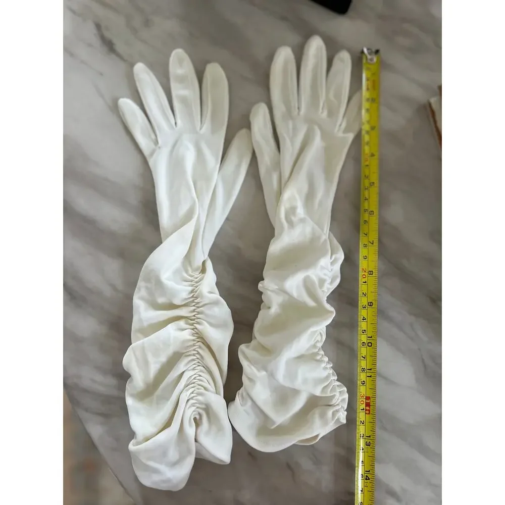 Vintage 50s 60s White Ruched Nylon Opera Gloves Elbow Length